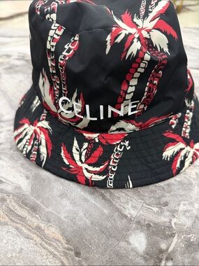 AUTHENTIC unisex Celine Black Bucket Hat with Red & White Palm Print